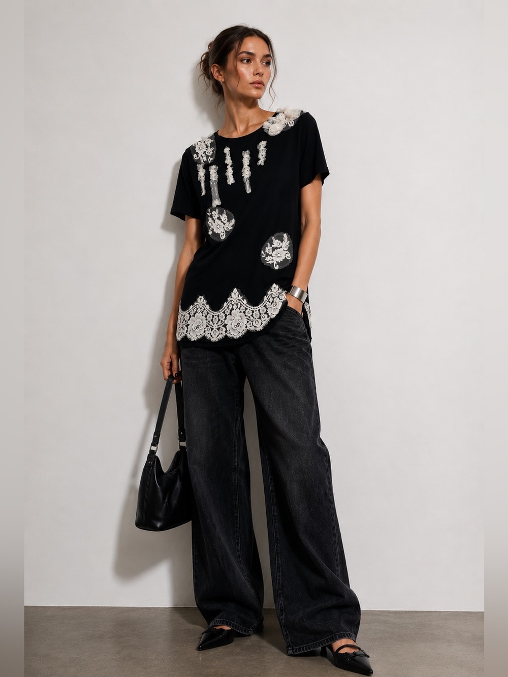 Red Valentino Archival Style Black with Cream Lace Appliqué  Tee Shirt. Small